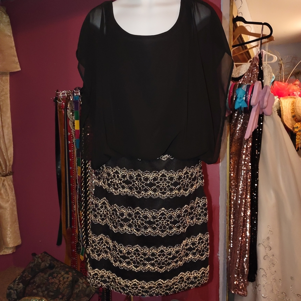 Wapi Black Gold Chiffon Dress 1X